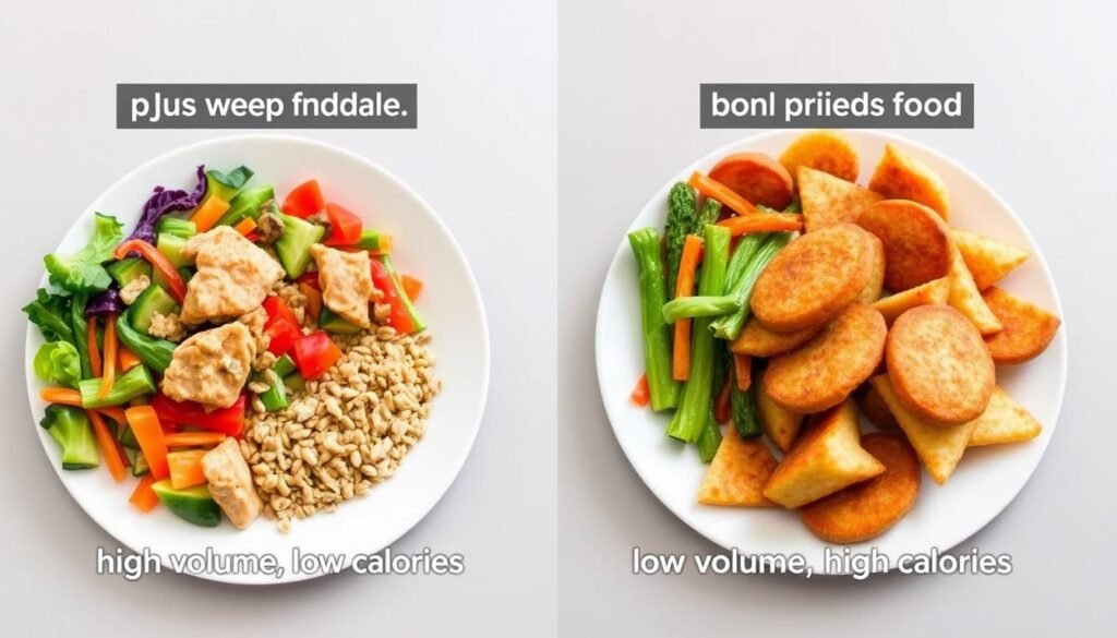 Plate comparison: large salad (300kcal) vs. small fries (500kcal).