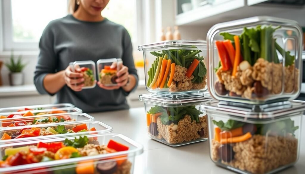 Glass containers with portioned chicken, quinoa, and roasted veggies