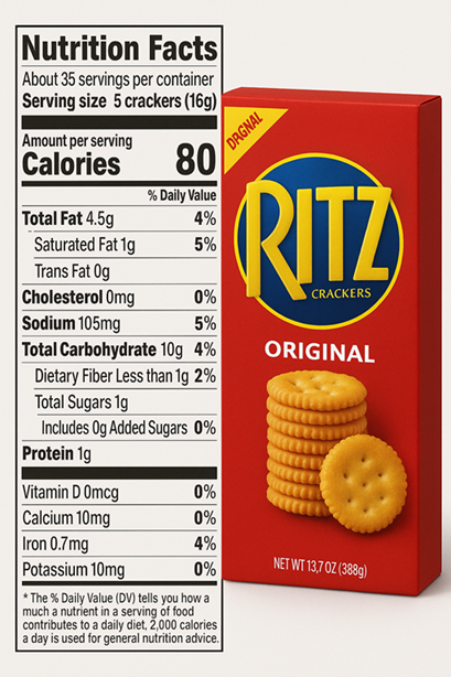 Five Ritz crackers (16g serving) with nutrition label overlay showing 80 calories and 4.5g fat