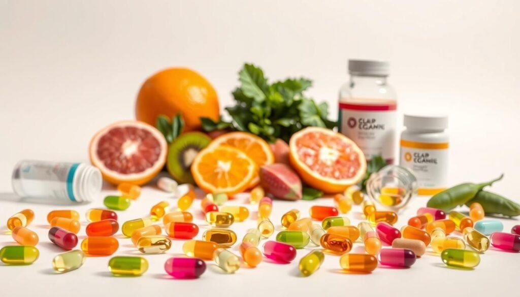 Selection of colorful fruits, vegetables, and vitamin supplements illustrating dietary sources of essential vitamins for glowing skin