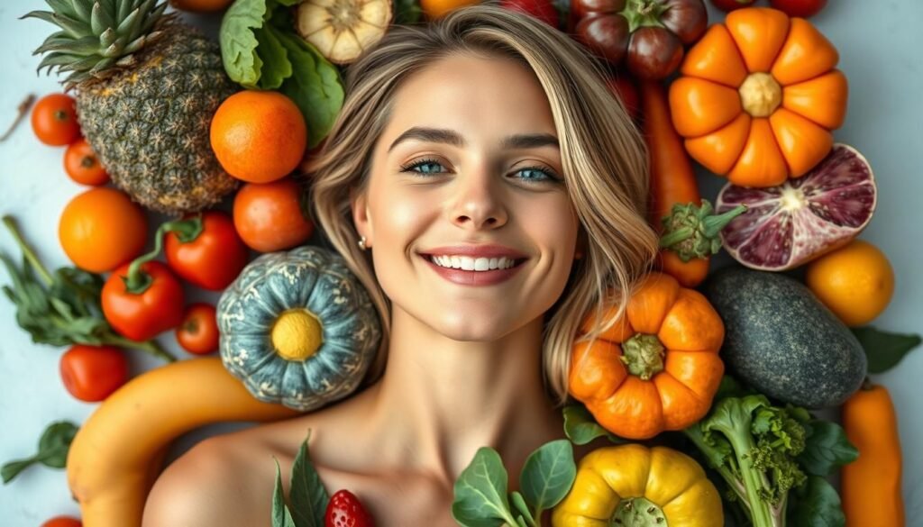 Smiling woman surrounded by vitamin-rich fruits and vegetables that support glowing skin